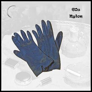 Navy Gloves, Dark Blue Nylon Short Glove Set - 60s Vintage